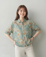 M~2XL ブルー×オレンジプリント ルーズフィット 開襟シャツ