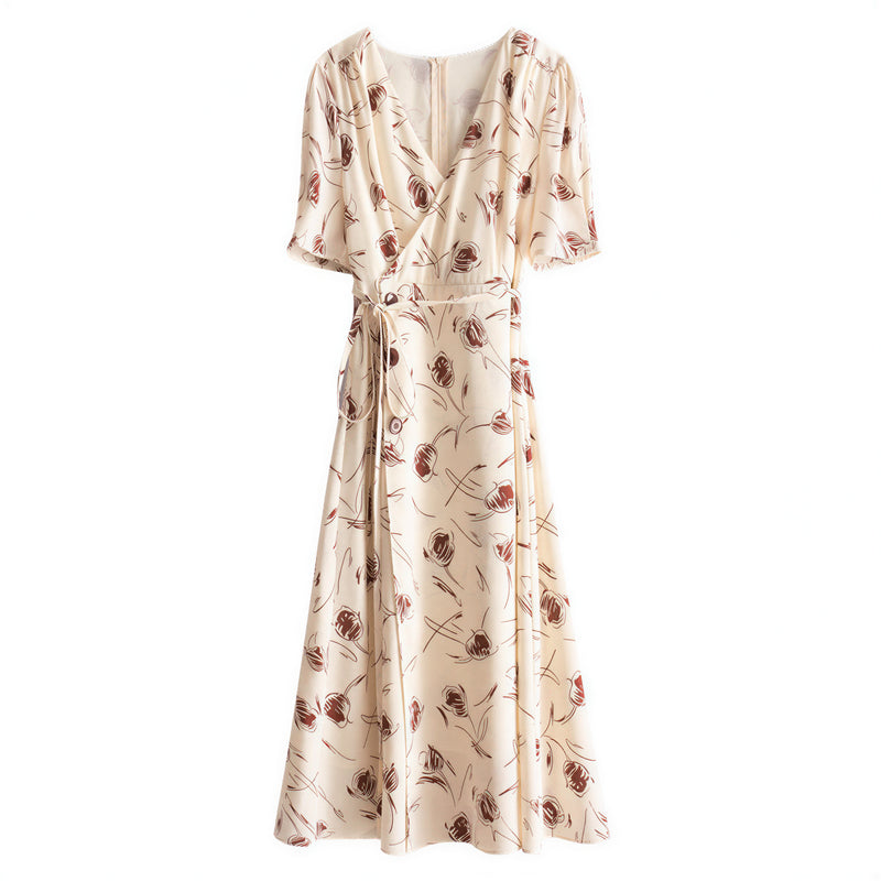 Vネック カシュクール プリント ティードレス