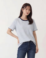 ライトブルー 配色ラウンドネック 波柄テクスチャーTシャツ