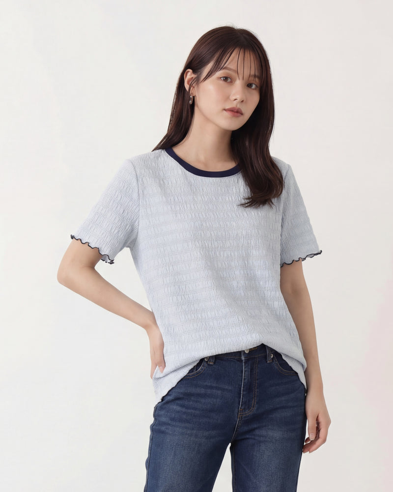 ライトブルー 配色ラウンドネック 波柄テクスチャーTシャツ