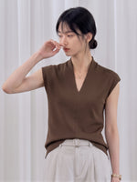 Vネック スリムフィット シンプル ノースリーブTシャツ-モカ-XL