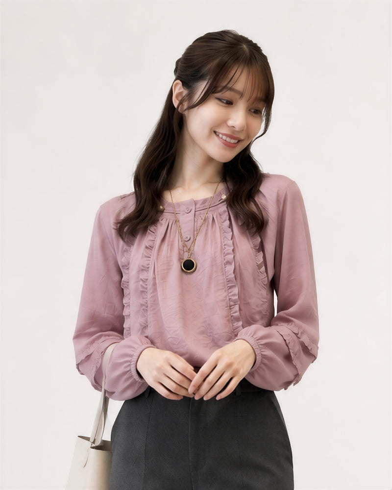 S~XL フリル襟 ラウンドネック バルーンスリーブブラウス