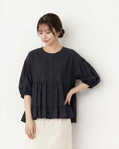 ラウンドネック ギャザー入りフレアシャツ-ブラック-2XL