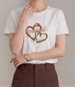 ラウンドネック ハートプリント ルーズTシャツ