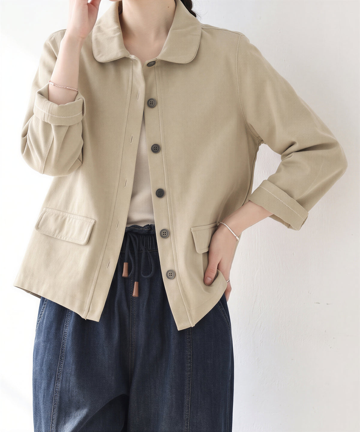 襟付きシングルボタンのゆったりジャケット-グレージュ-2XL