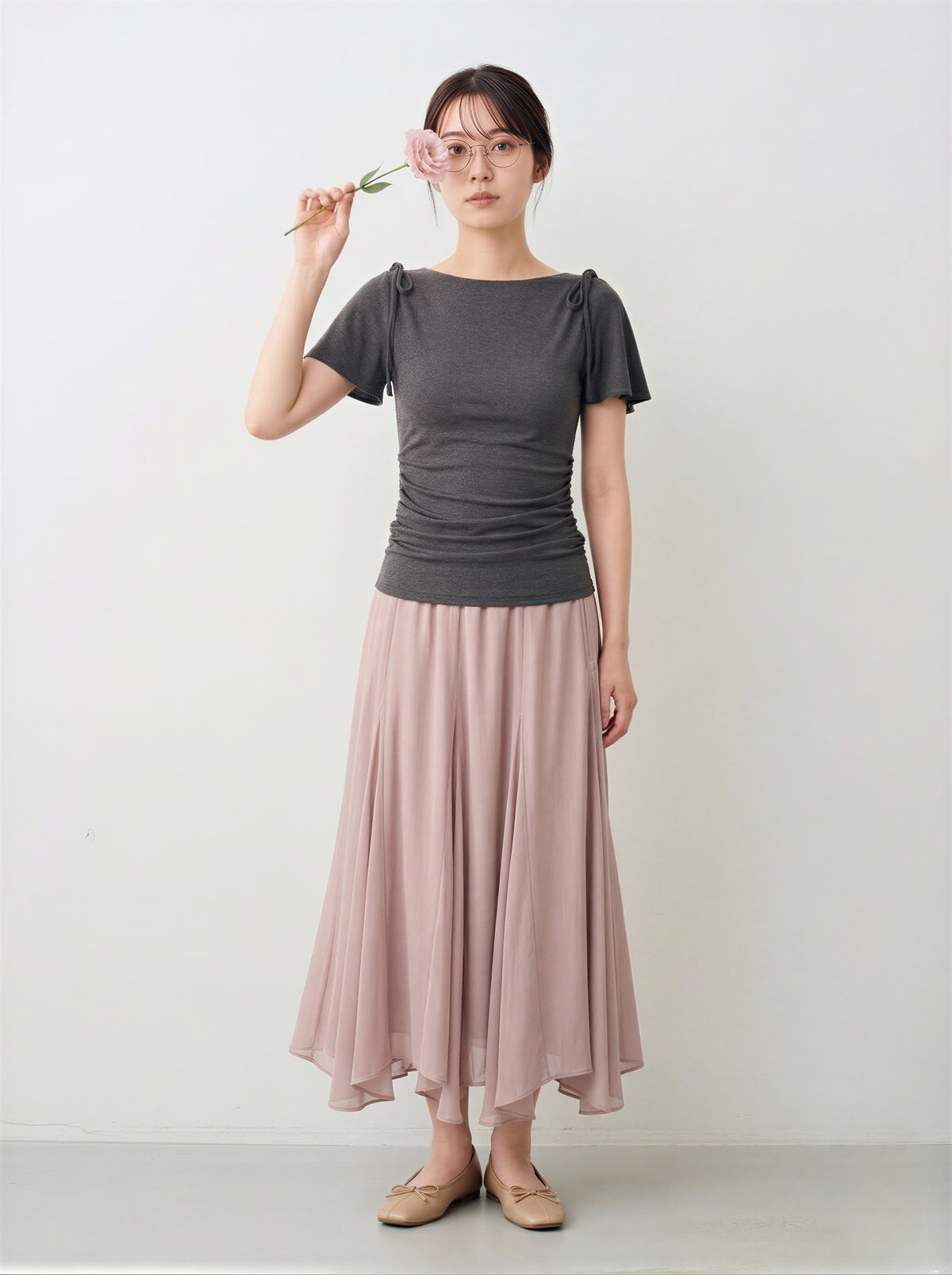 オフショル風ボートネック ウエストギャザー フリルフレアスリーブ 半袖Tシャツ
