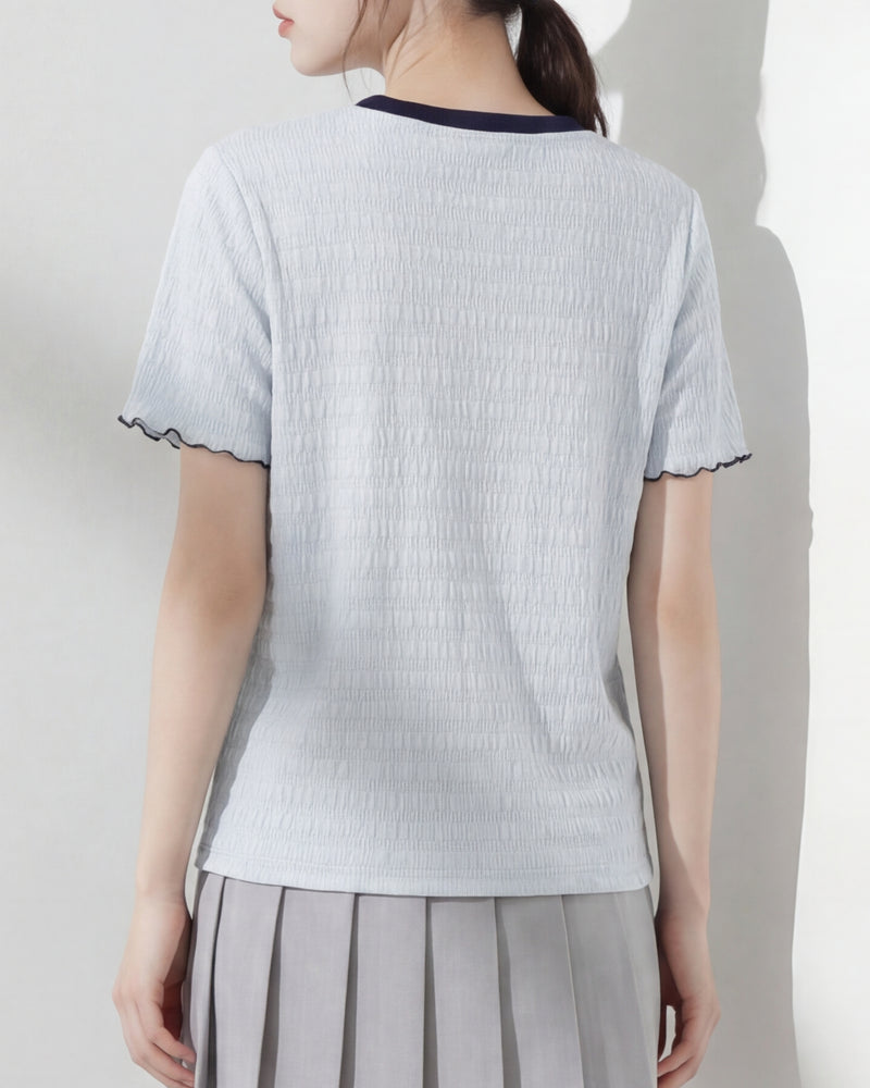 ライトブルー 配色ラウンドネック 波柄テクスチャーTシャツ