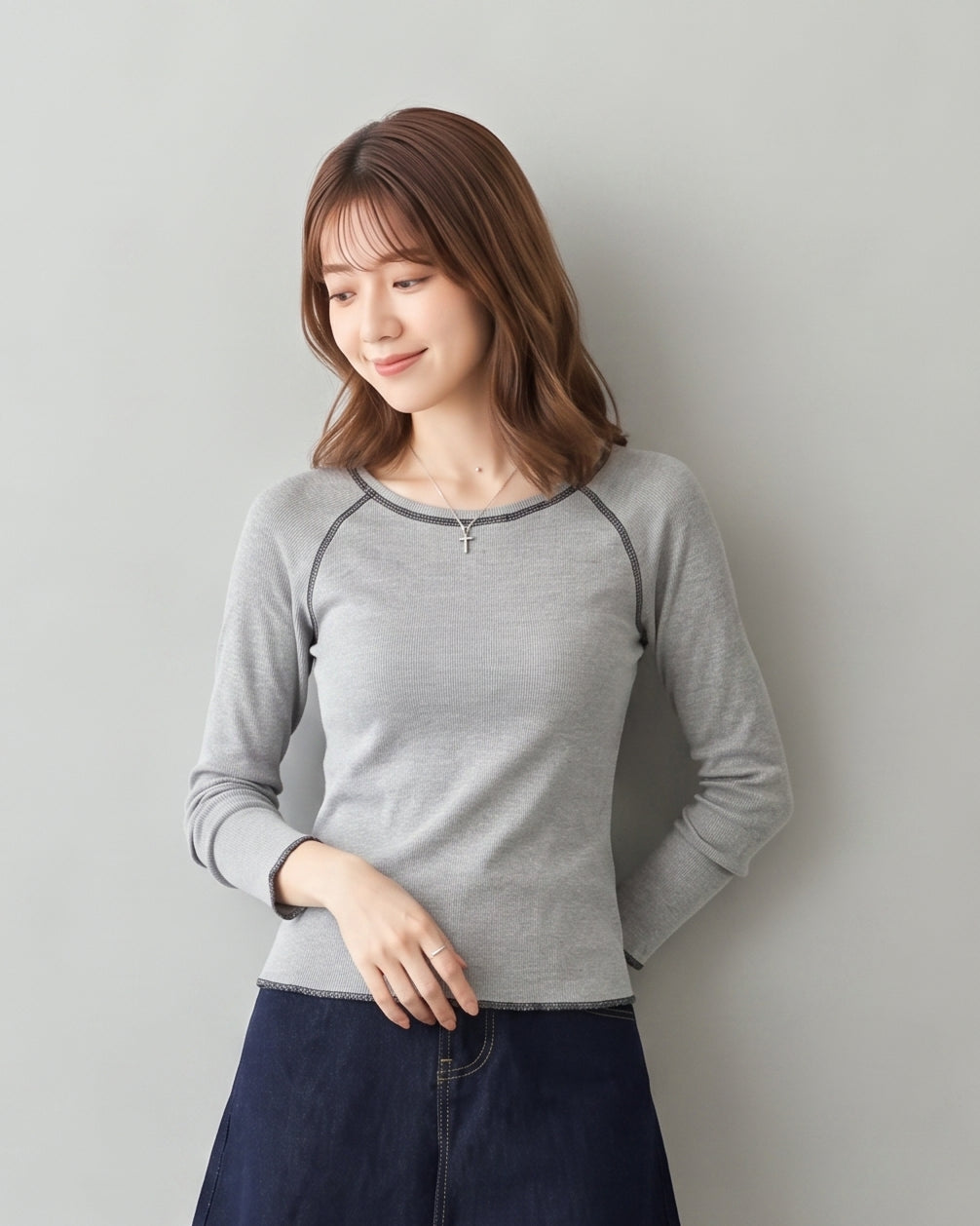 【秋新作】S~XLスリム配色トリム ラグランTシャツ