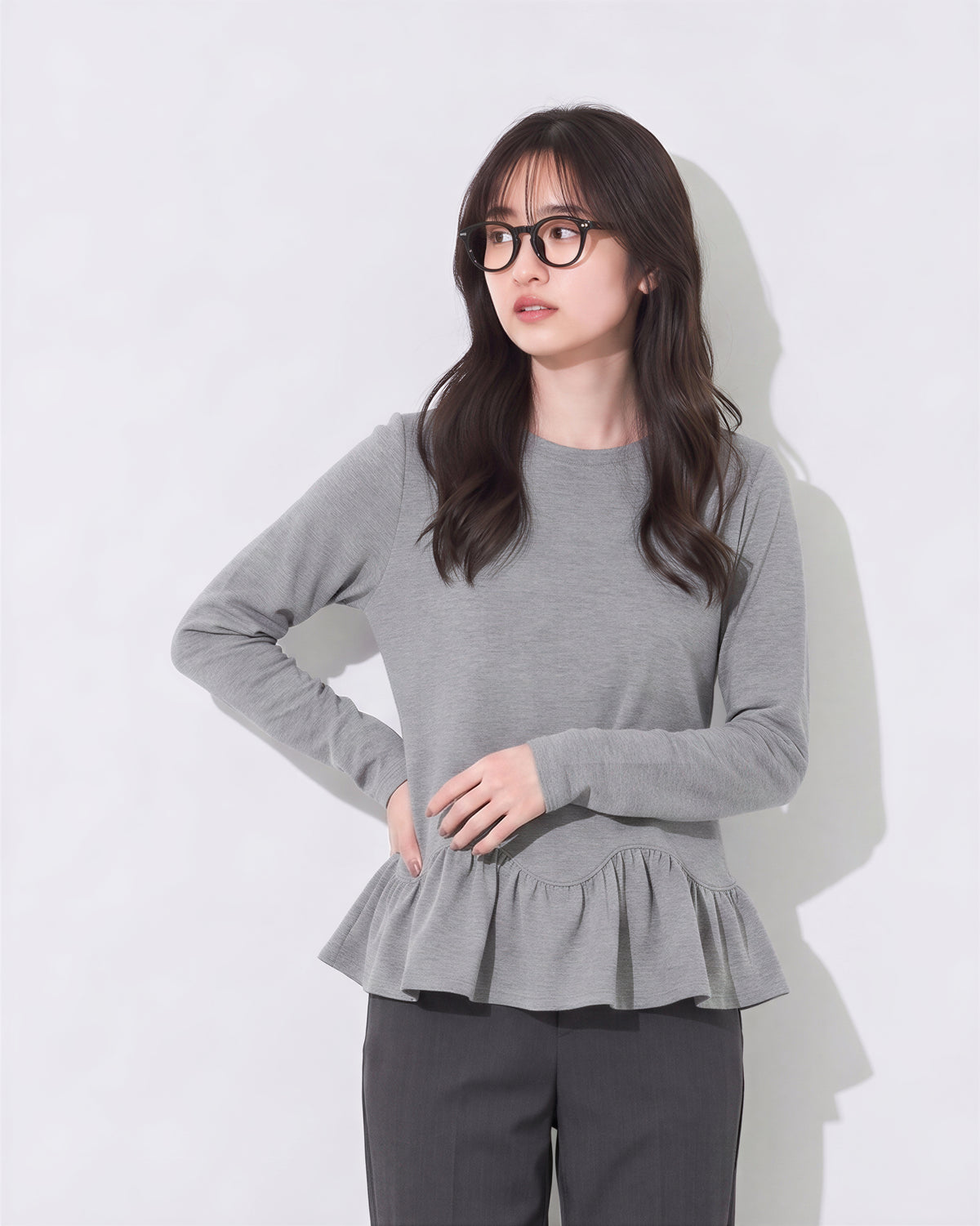 S~2XL ウエストシェイプ ペプラム裾 長袖Tシャツ