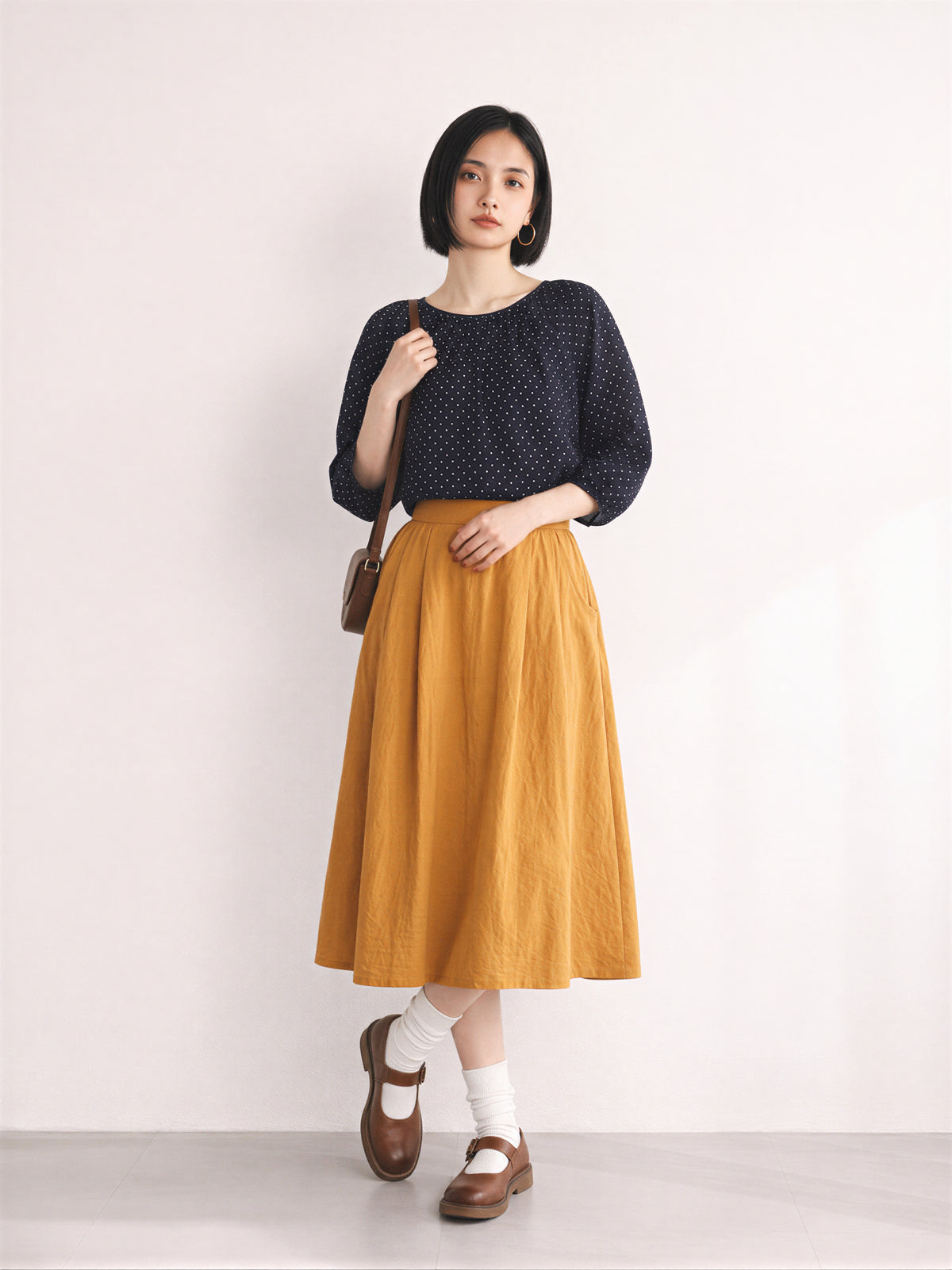 M-2XL ネイビードット ギャザー入り ゆったりブラウスXL