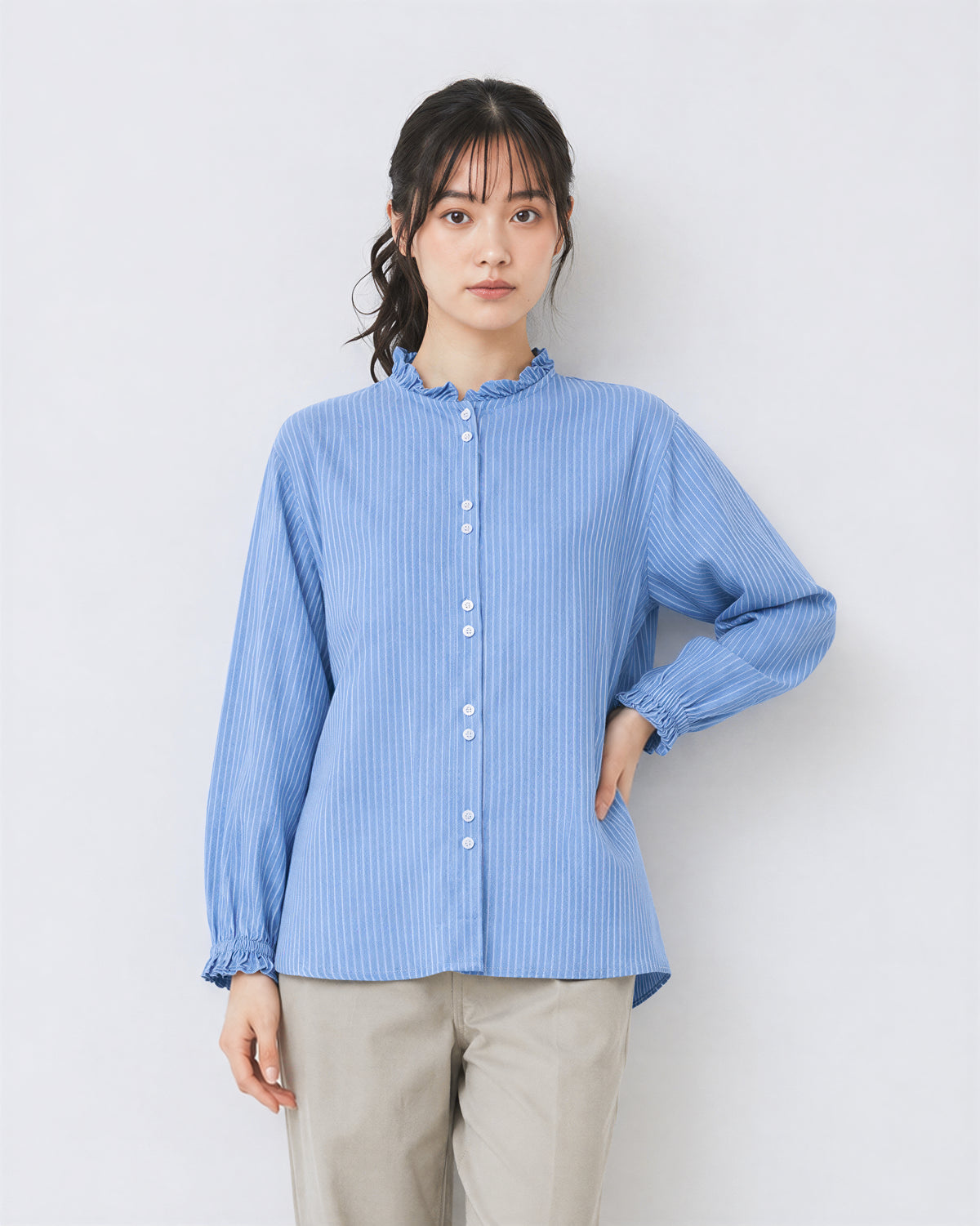 フリルスタンドカラーストライプシャツ-ブルー-2XL