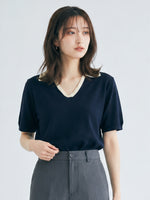 配色襟付きVネックニット半袖Tシャツ-ダークブルー-L