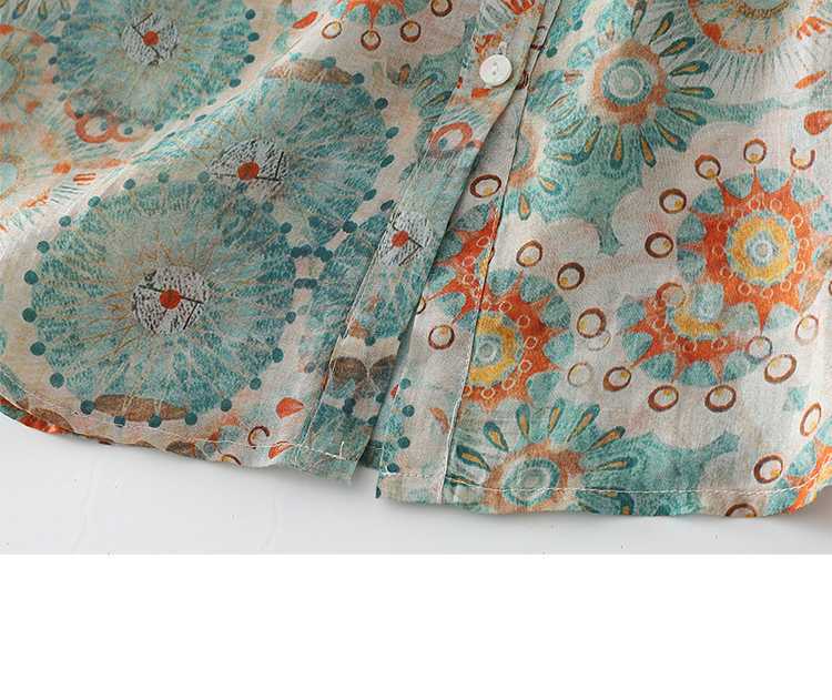 M~2XL ブルー×オレンジプリント ルーズフィット 開襟シャツ