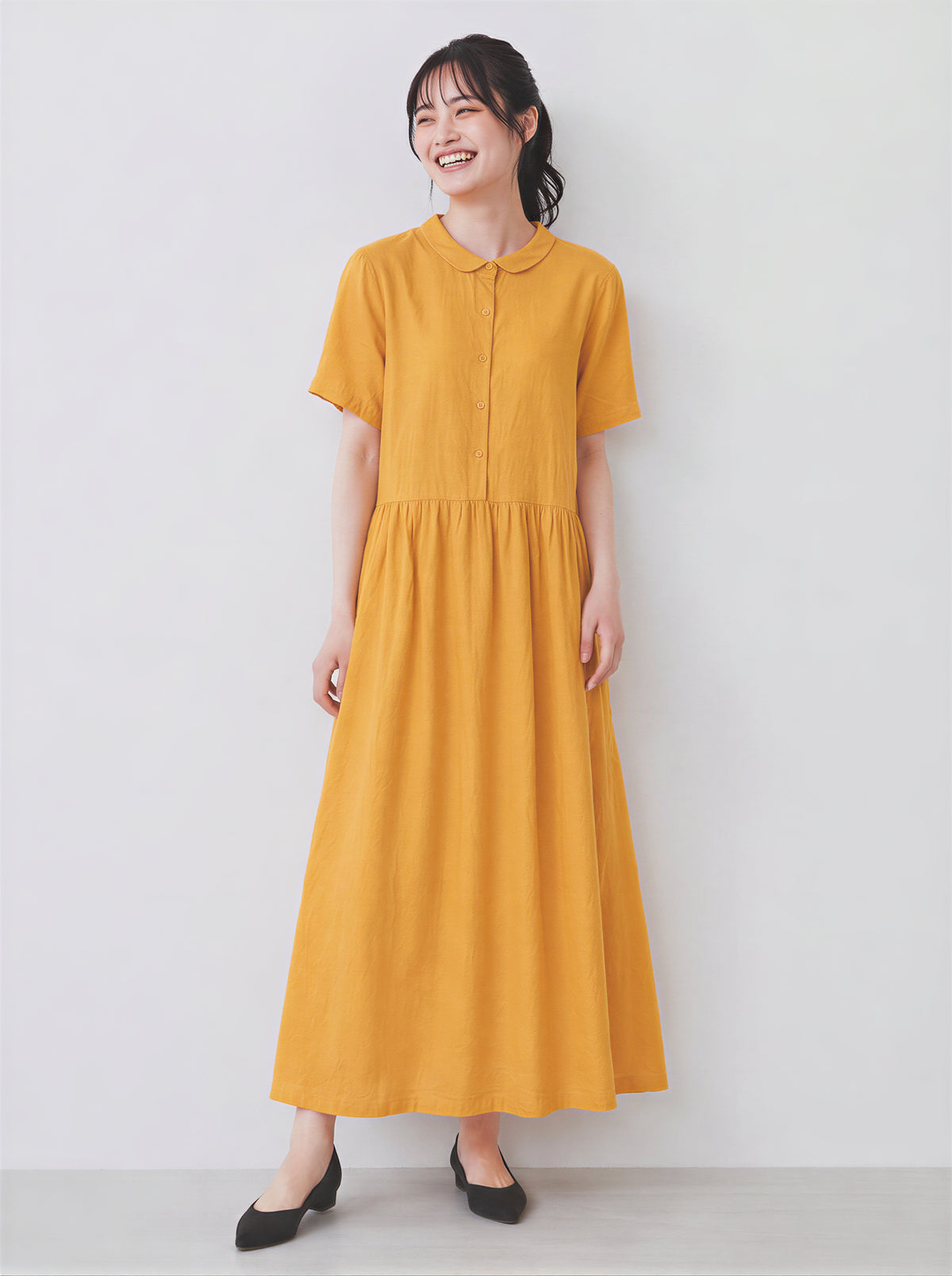 【全2色】M~2XL スタンドカラー 前ボタン ハイウエスト プリーツ ロングワンピース
