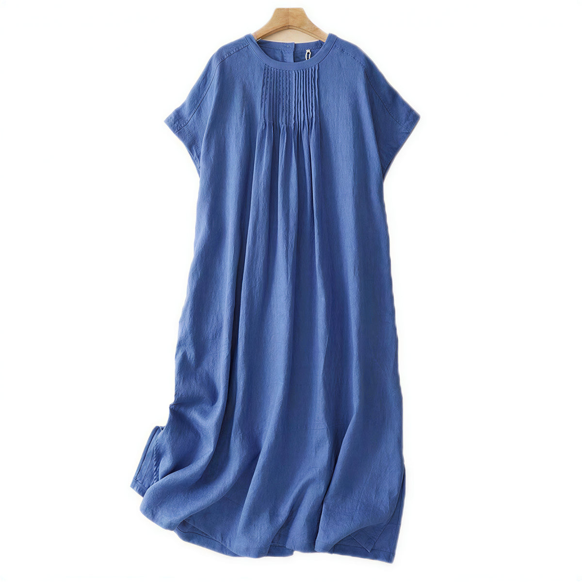 M~2XL プリーツ入りクルーネック ゆったりミディ丈ワンピース
