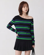 S~XL オフショルダーボーダースリムTシャツ