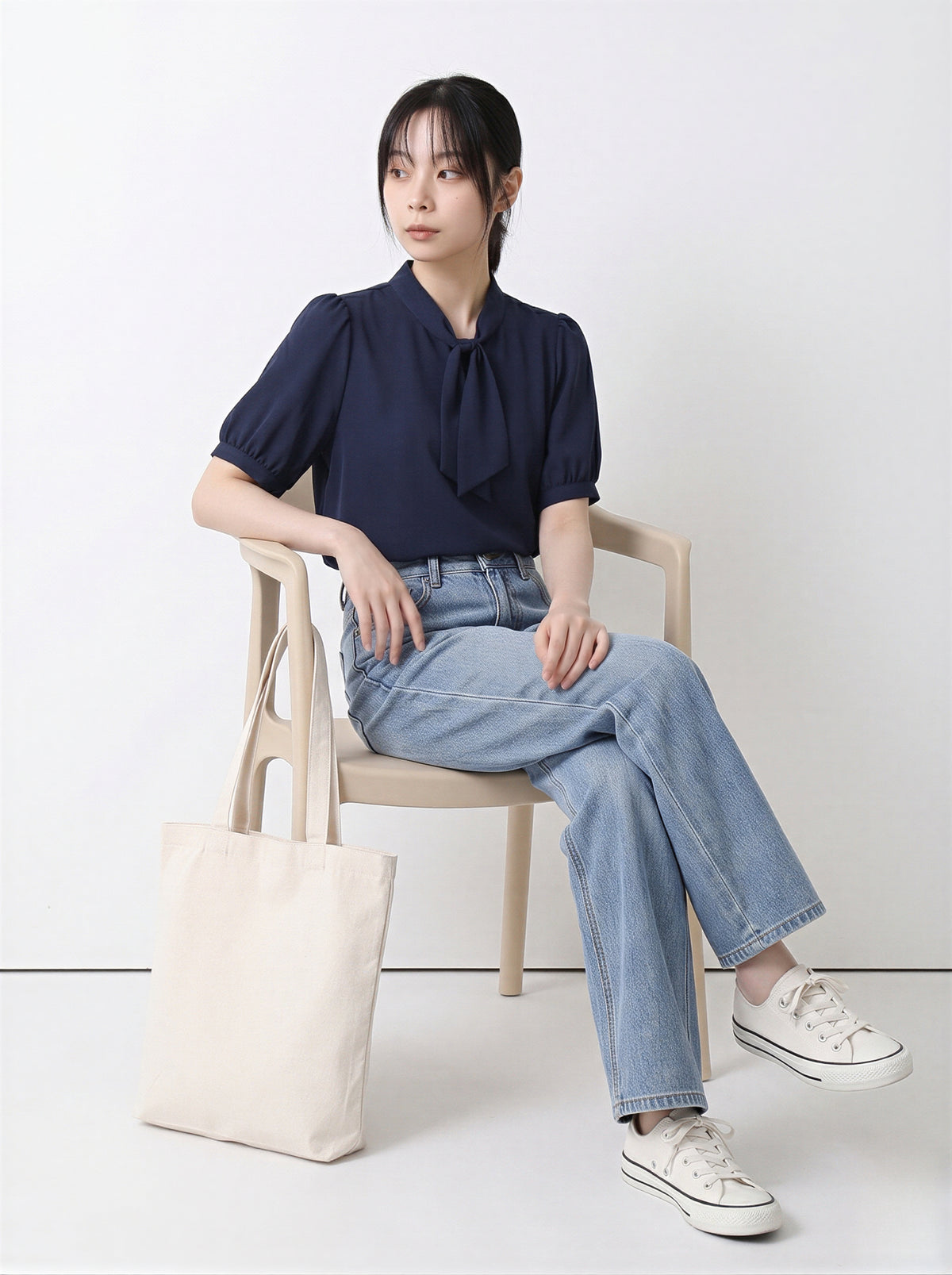 リボンタイ付き パフスリーブブラウス