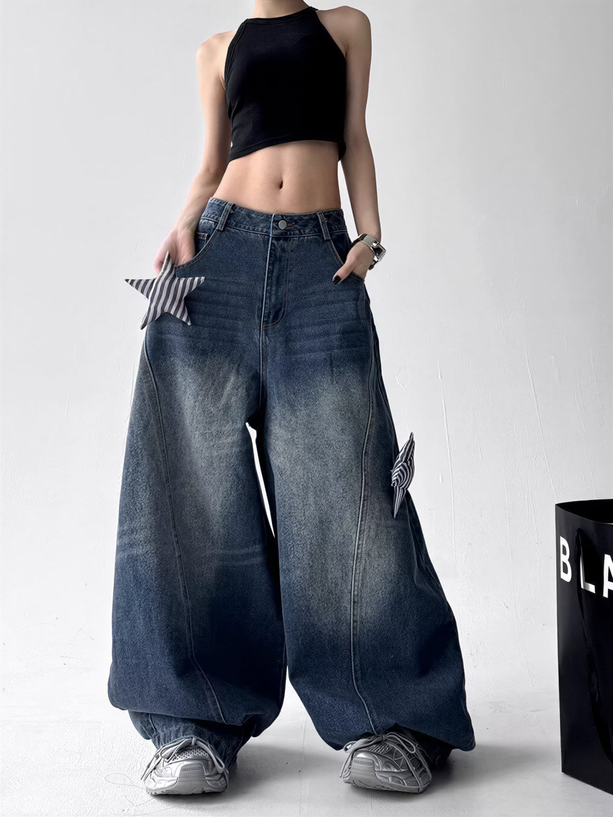 S-3XL ヴィンテージウォッシュ スターパッチ デニムパンツ