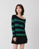 S~XL オフショルダーボーダースリムTシャツ
