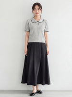 配色パイピングのポロ襟 透かし編み柄 ほどよくシェイプするニットTシャツ