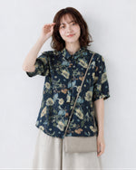 レトロフラワープリント ブルーシャツ-ブルー-2XL