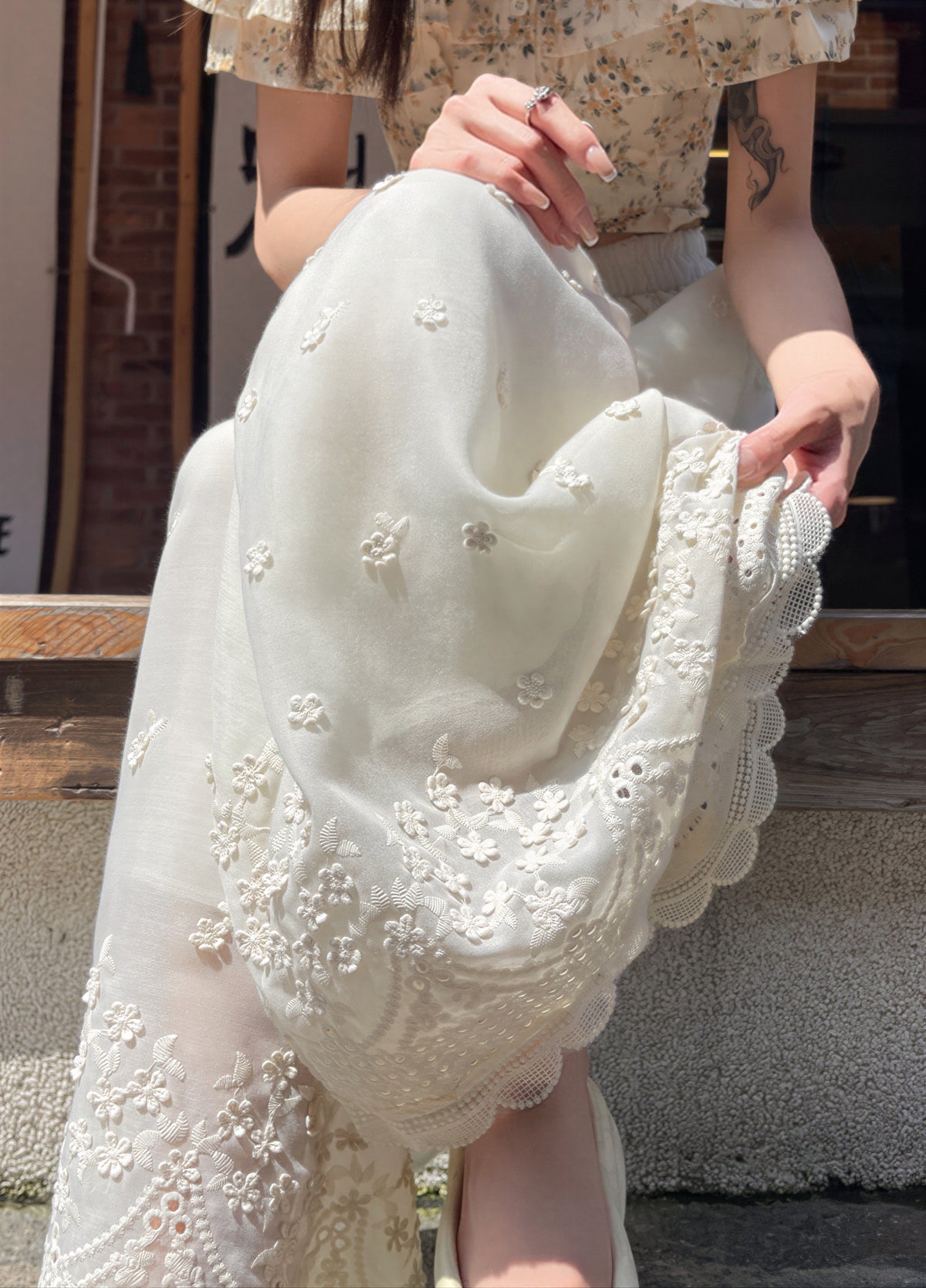 刺繍レース ハイウエスト ワイドパンツ