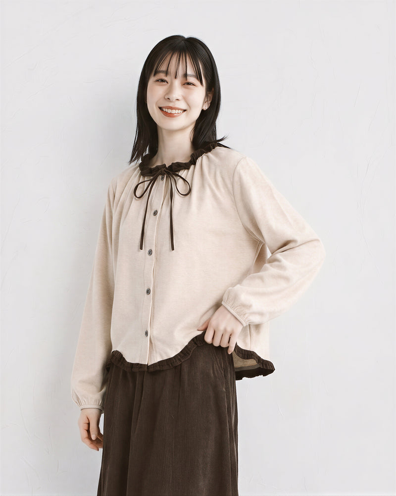 M~4XL フリル配色リボンブラウス