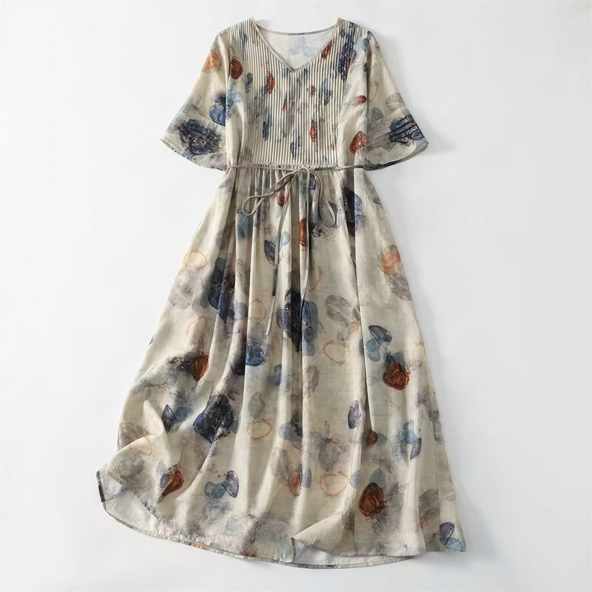M~2XL ライトベージュ Vネック ウエストリボン 花柄ロングワンピース