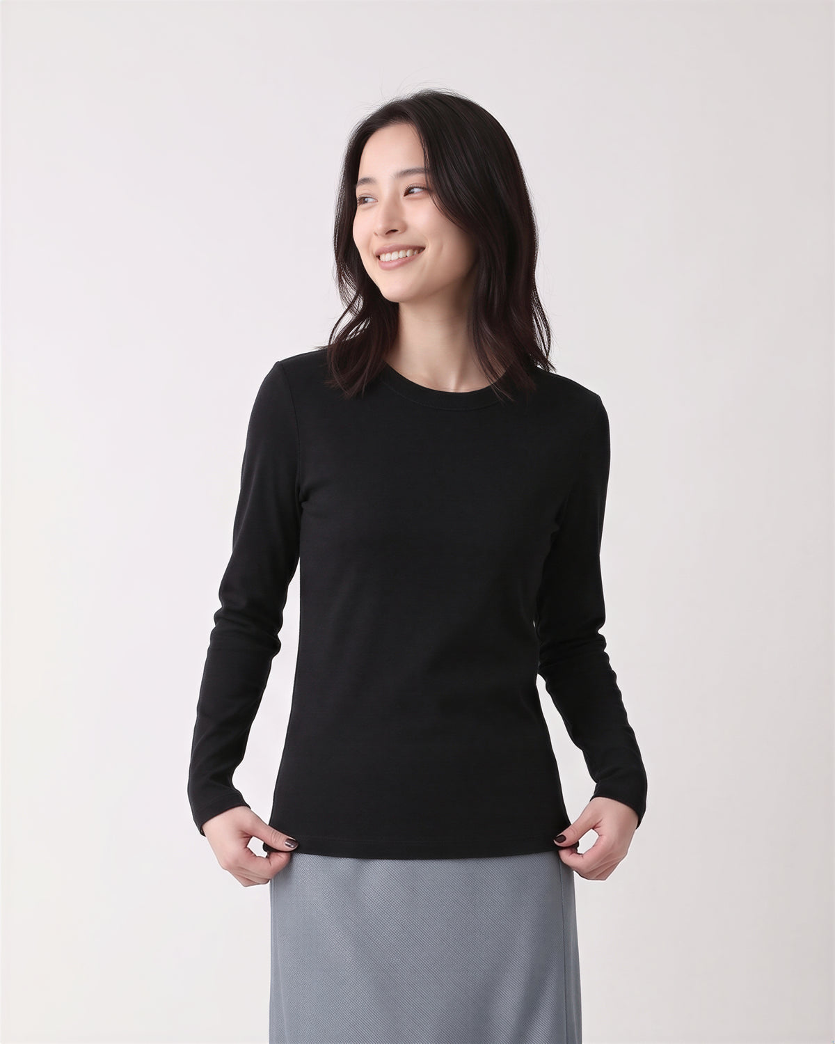 クルーネック スリムフィット 長袖Tシャツ-ブラック-3XL