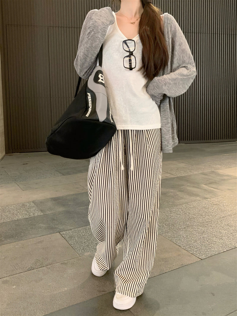 縦ストライプ ドローストリング ワイドパンツ