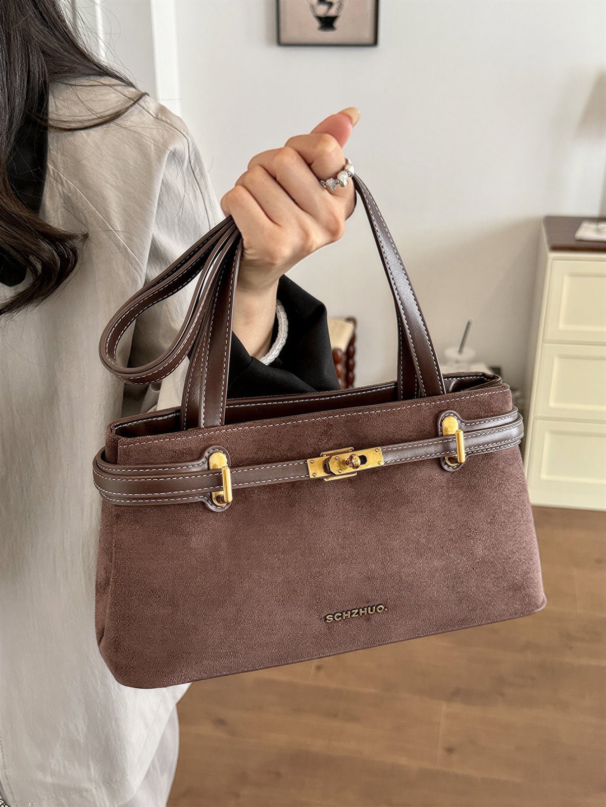 【全4色】レトロ金具 配色ステッチ ロングショルダーストラップ 脇下バッグ