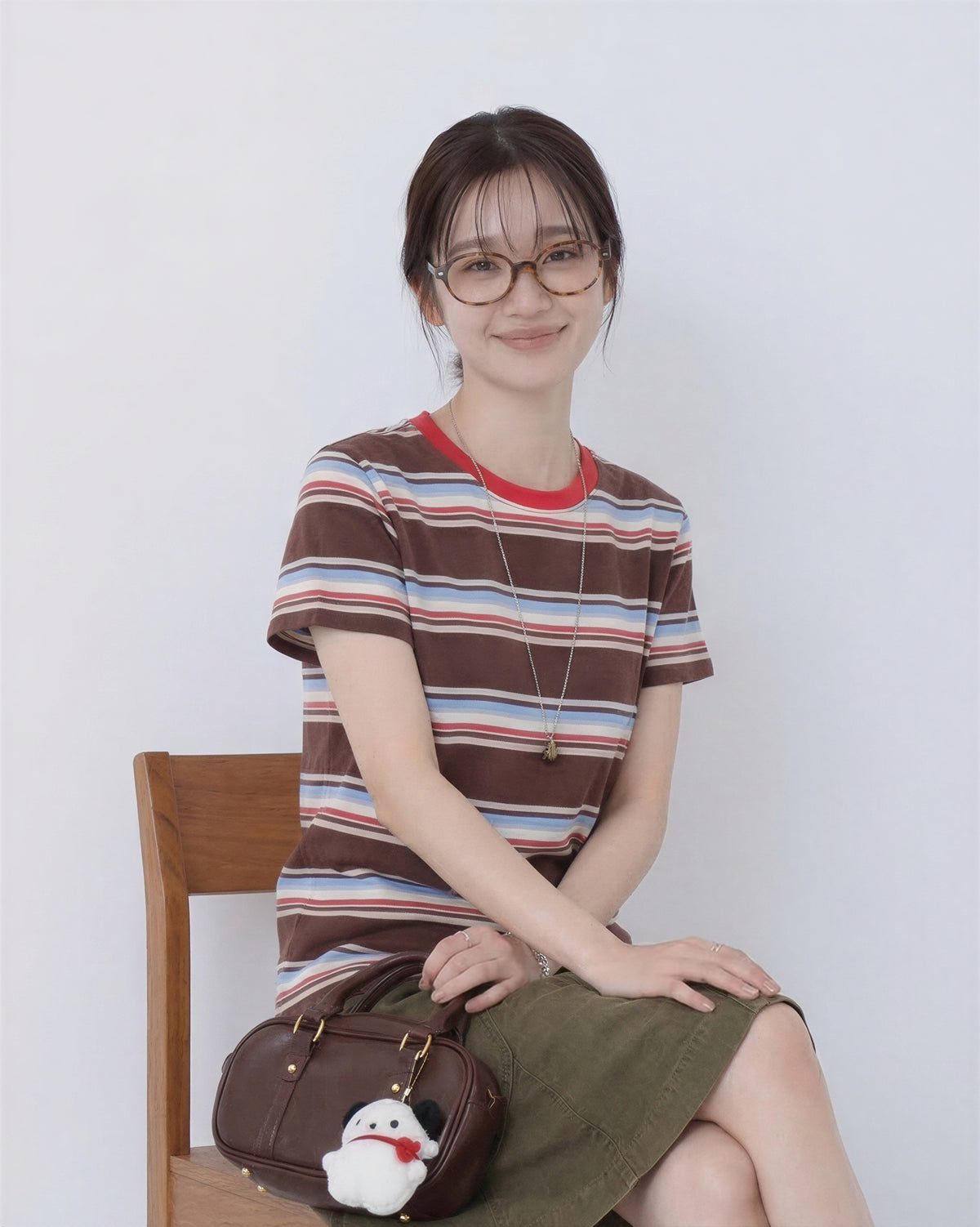 チェリーレッド襟 配色ボーダー 半袖Tシャツ