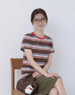チェリーレッド襟 配色ボーダー 半袖Tシャツ