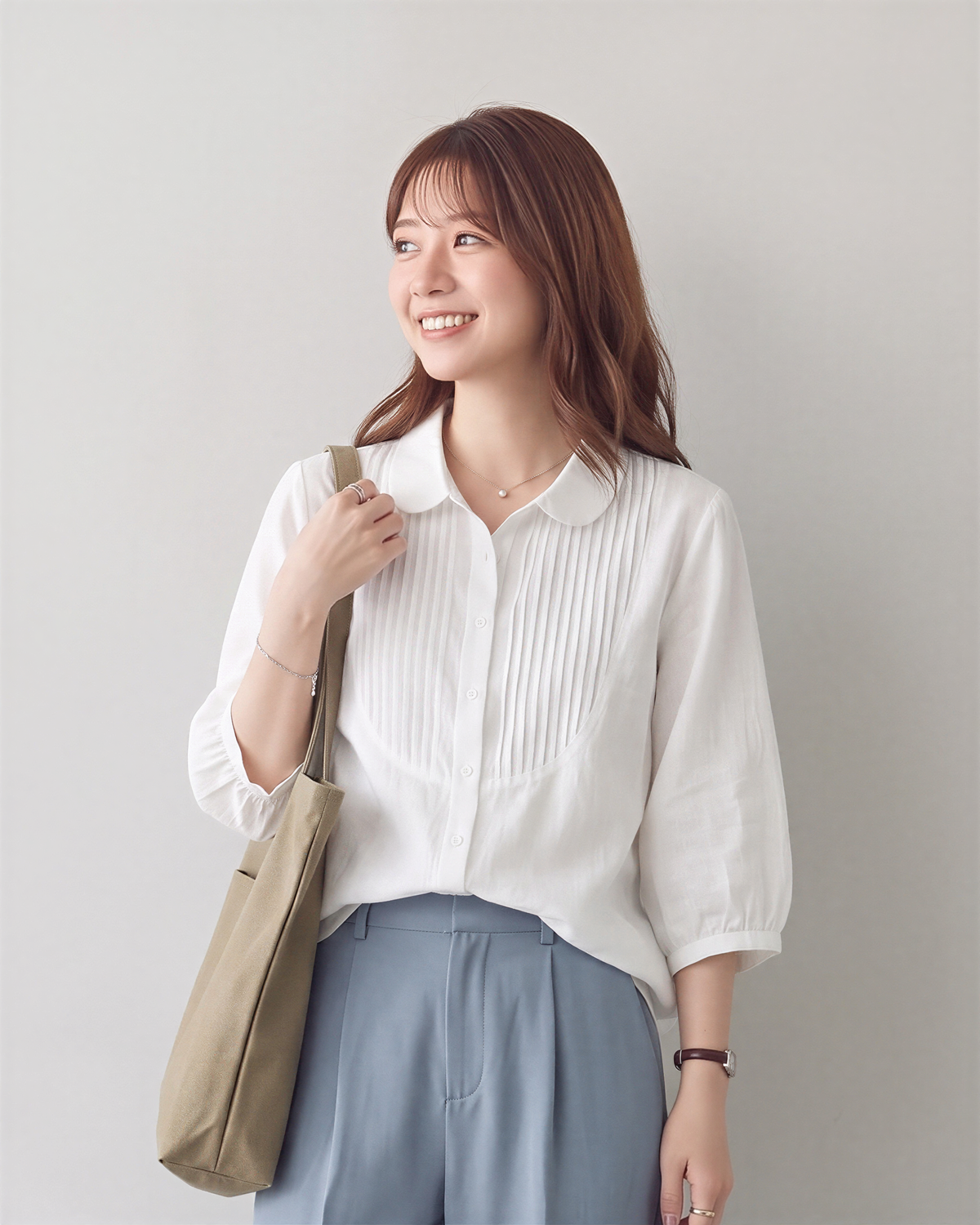 【全3色】M~2XL 七分袖ラミーシャツ｜フレンチピンタック ナチュラルレトロなゆったりコットンリネントップス
