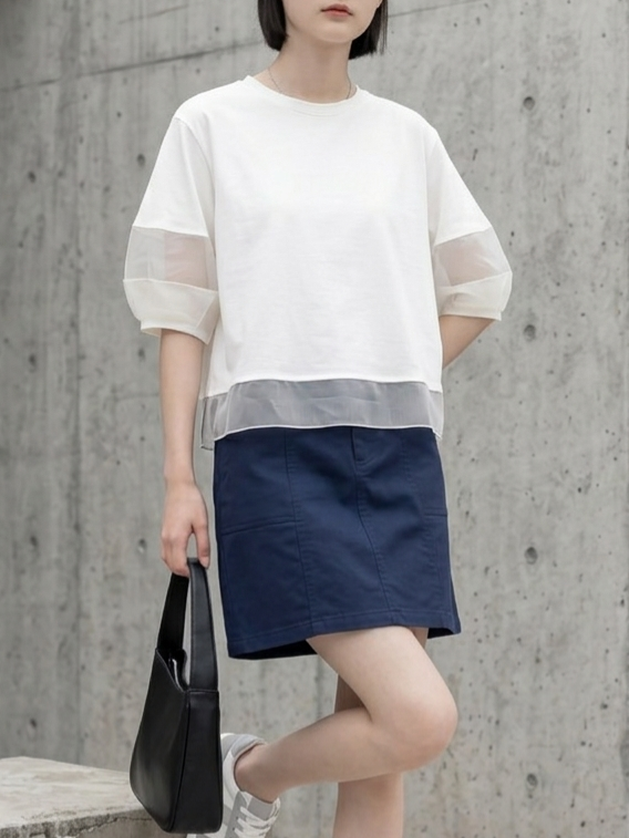 オーガンジー切り替えパフスリーブTシャツ