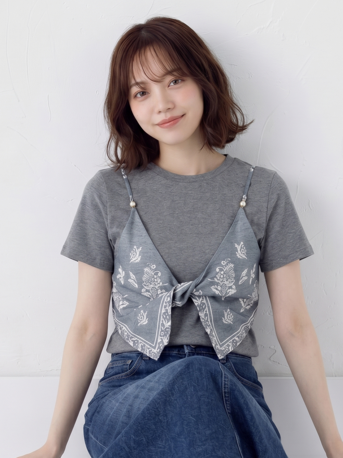 半袖Tシャツ2枚フェイクスカーフ個性的アートキルティングトップス