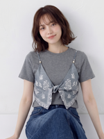 半袖Tシャツ2枚フェイクスカーフ個性的アートキルティングトップス