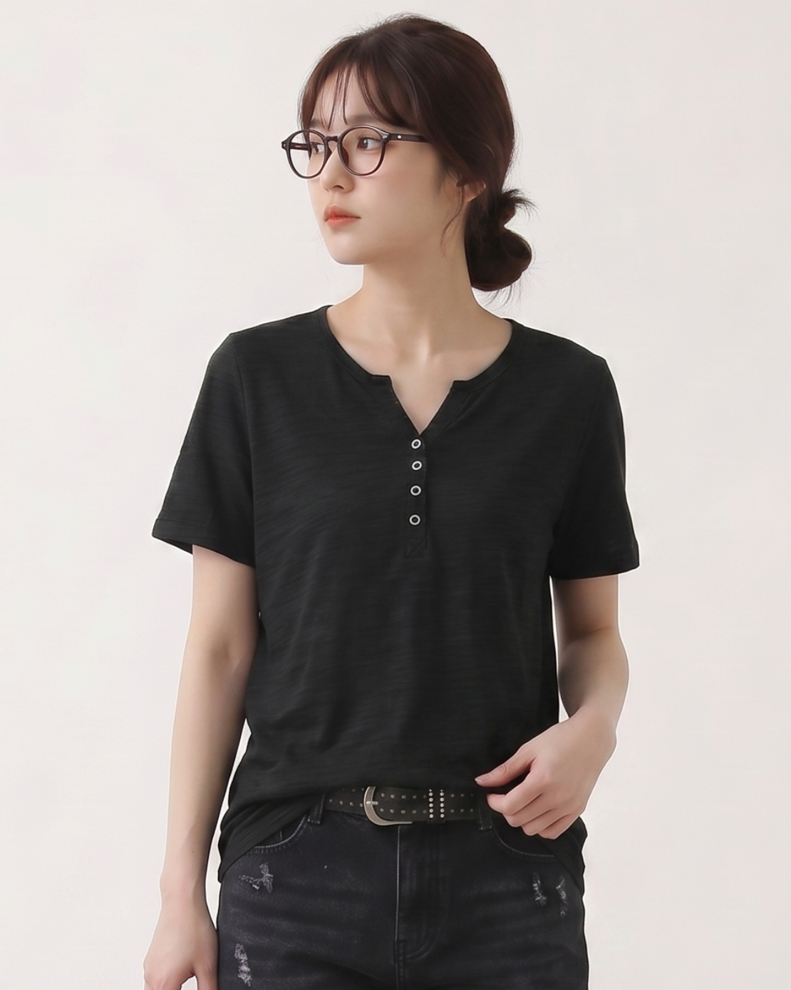 深V前立てボタン付き すっきり細見え 半袖Tシャツ