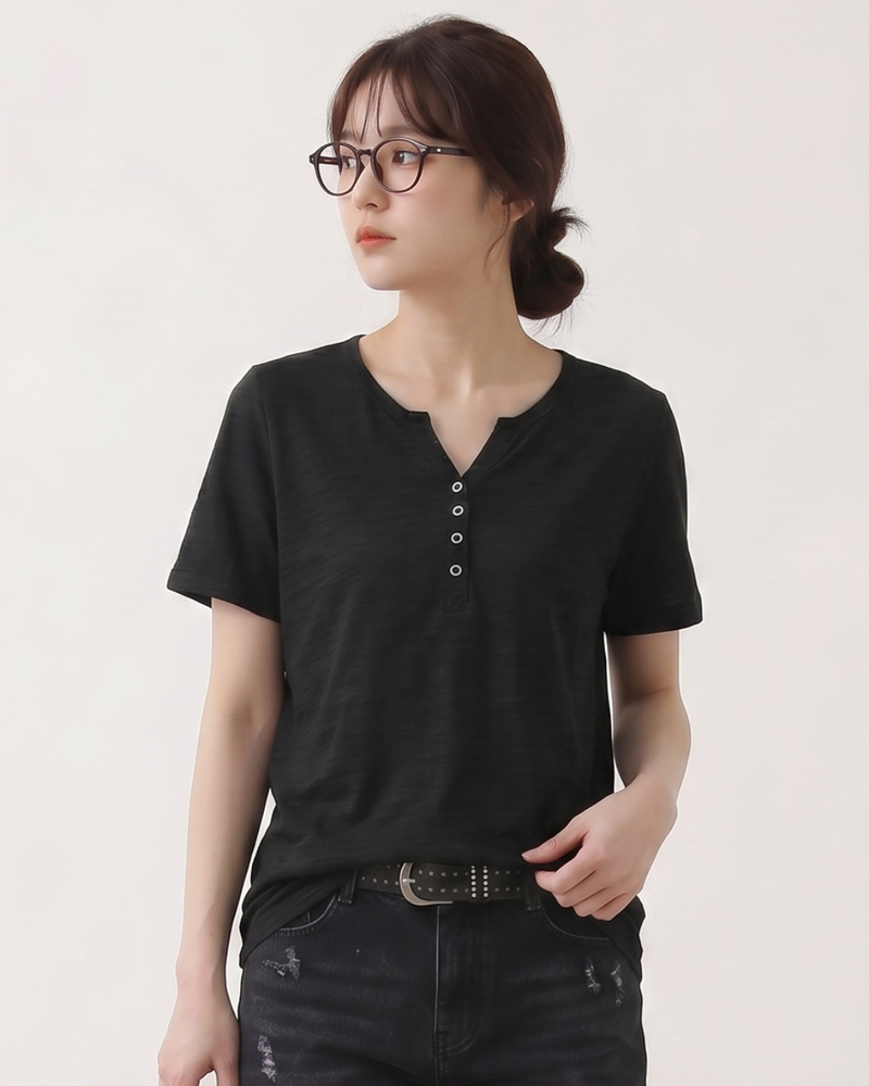 深V前立てボタン付き すっきり細見え 半袖Tシャツ