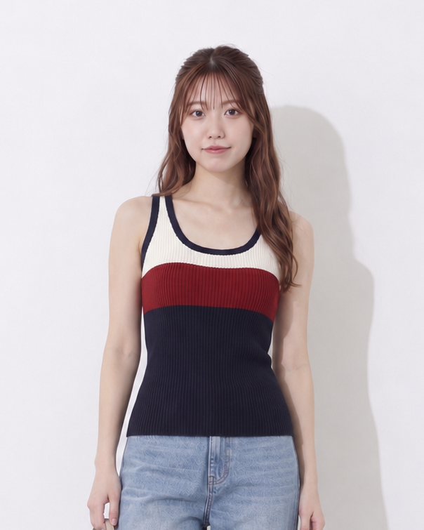 S-XL 配色ボーダー ニットキャミソールトップス
