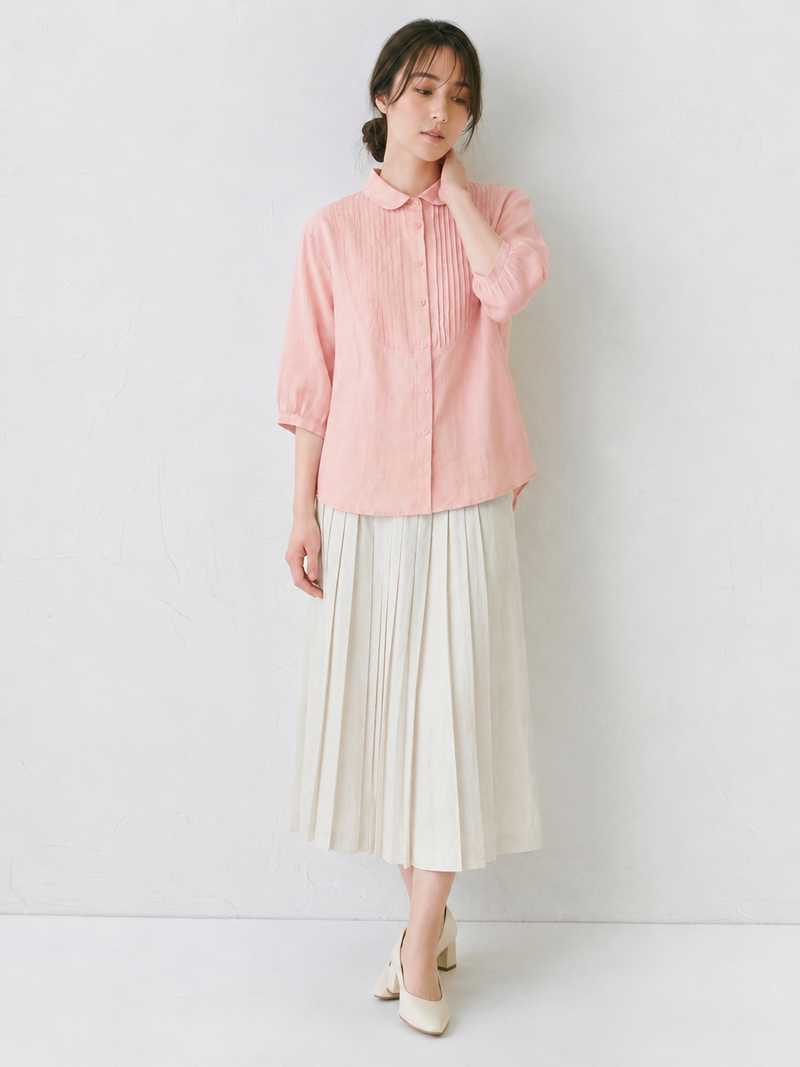 【全3色】M~2XL 七分袖ラミーシャツ｜フレンチピンタック ナチュラルレトロなゆったりコットンリネントップス