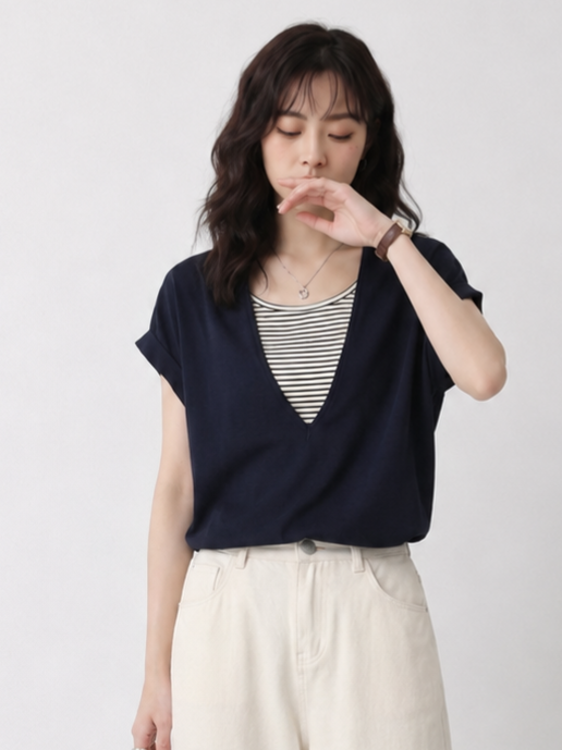 ディープV レイヤード風 ロールアップスリーブ フェイクツーピース 半袖Tシャツ