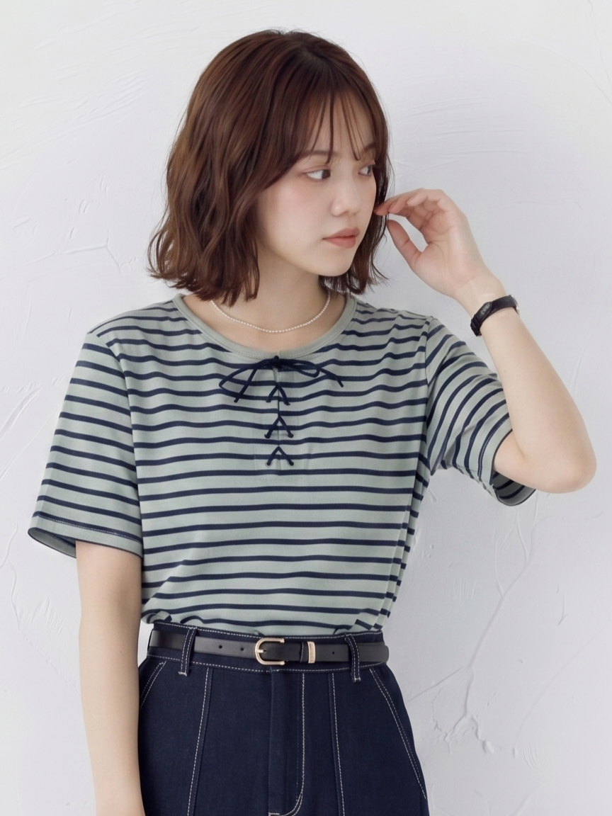 ボーダー リボン付き クルーネック 半袖Tシャツ