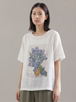 グレー クルーネック フラワープリント ゆったり 半袖Tシャツ
