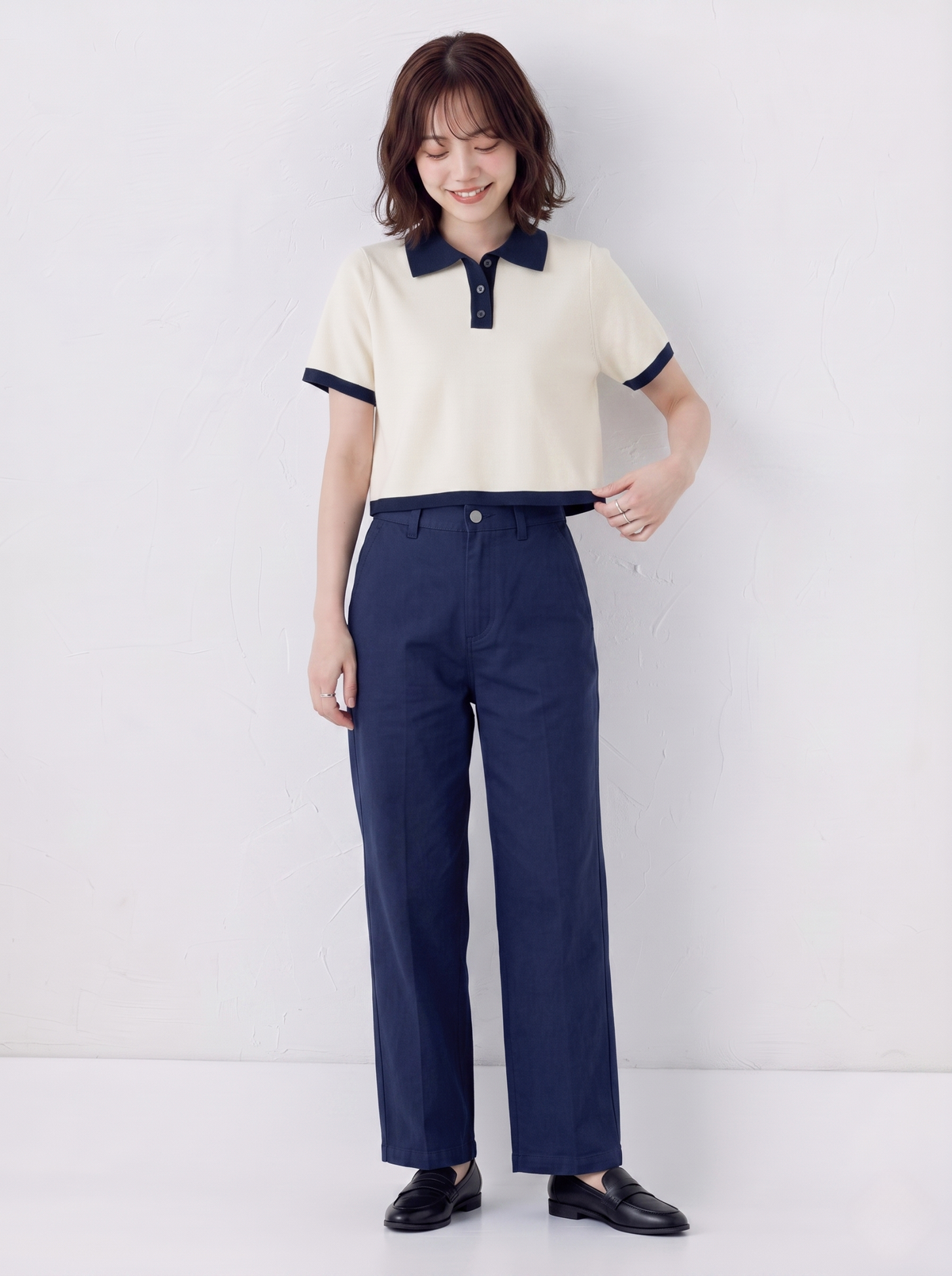 配色POLO襟ショート丈ニットトップス