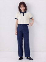 配色POLO襟ショート丈ニットトップス