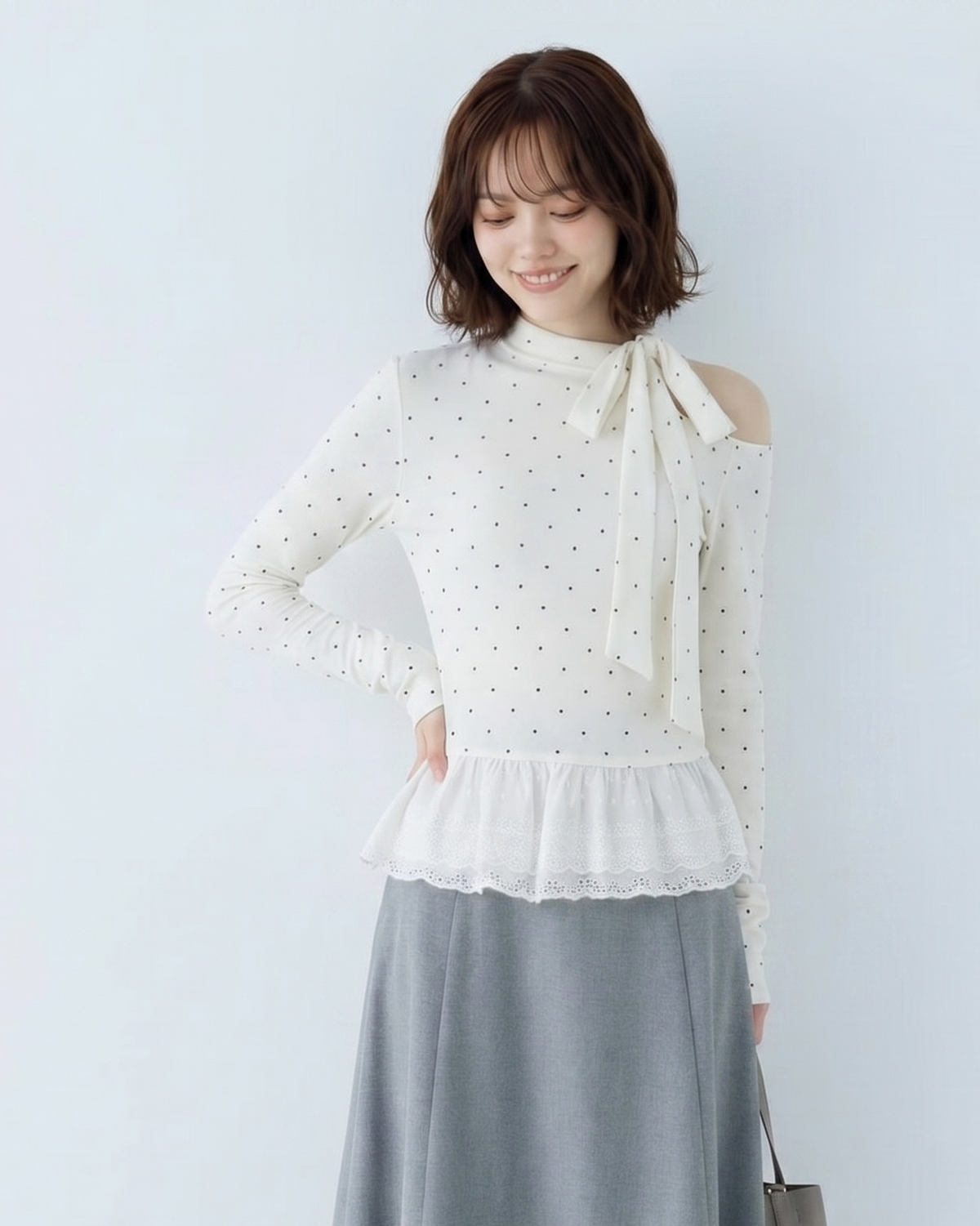 オフショルダー リボン×ドット 切り替え 長袖Tシャツ