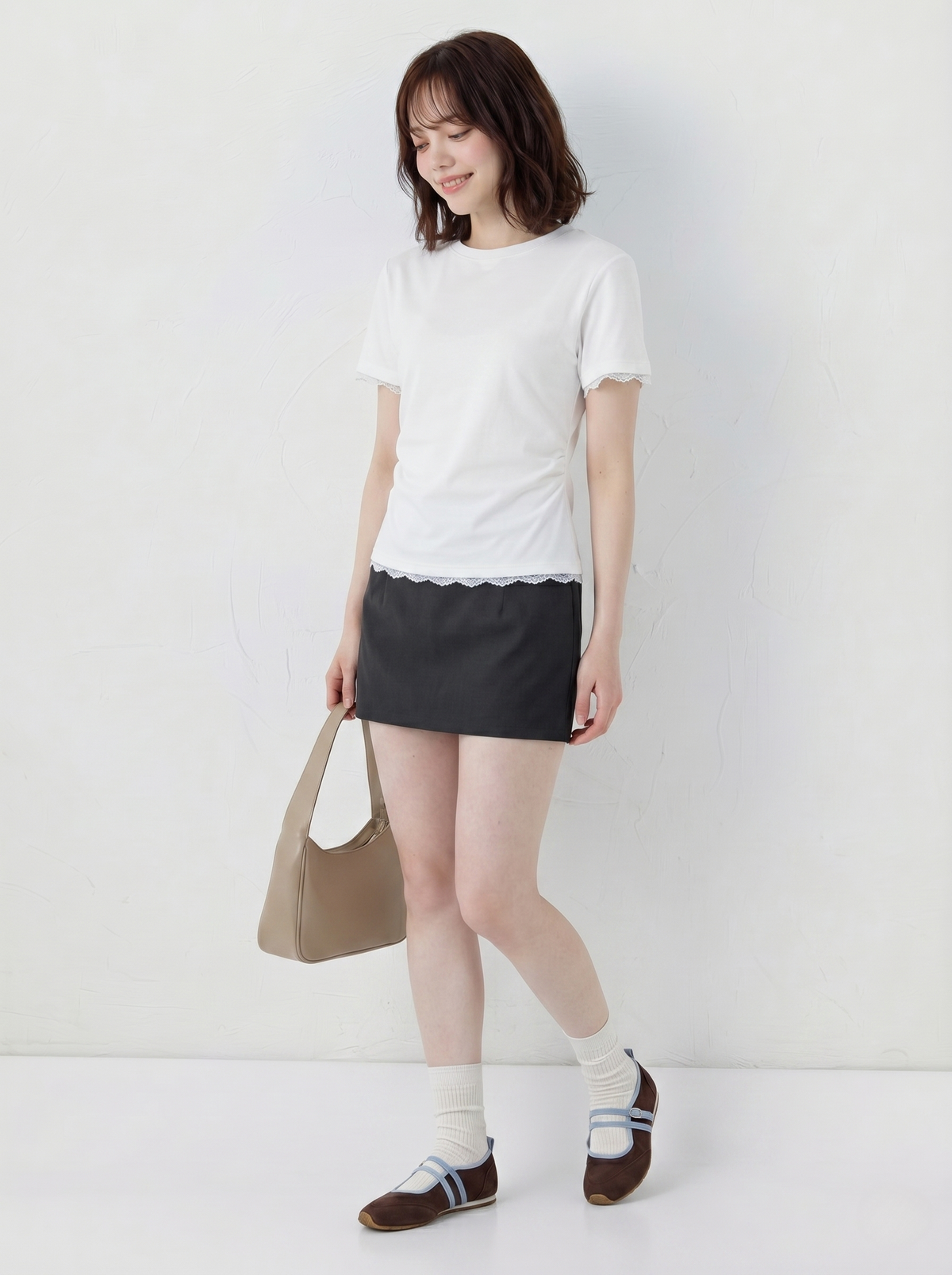 バックオープン リボン結び レース切替 クルーネック 半袖Tシャツ
