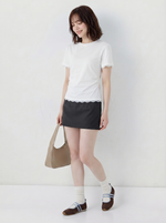 バックオープン リボン結び レース切替 クルーネック 半袖Tシャツ