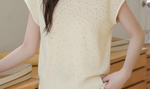 小さめラウンドネック ラメ調ジャカード ドルマンスリーブ ニット半袖Tシャツ